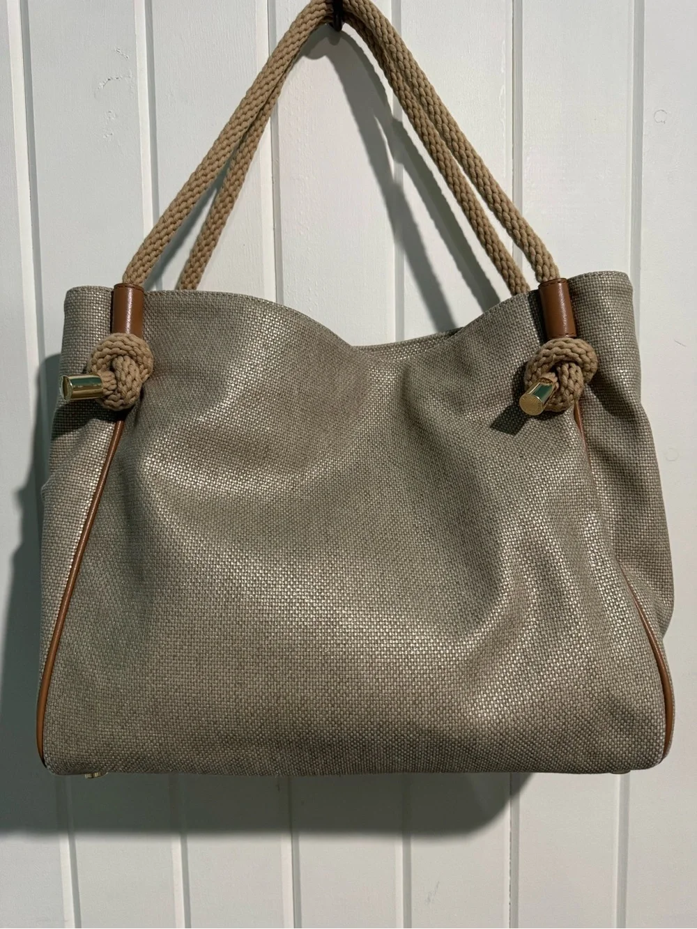 MICHAEL KORS Beige Canvas Tote with Rope Handles and Brown Trim